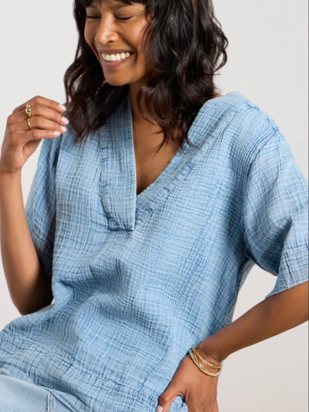 Faherty Dune Organic Cotton Boho Gauze Popover V-Neck Blouse Top - Picture 7 of 15